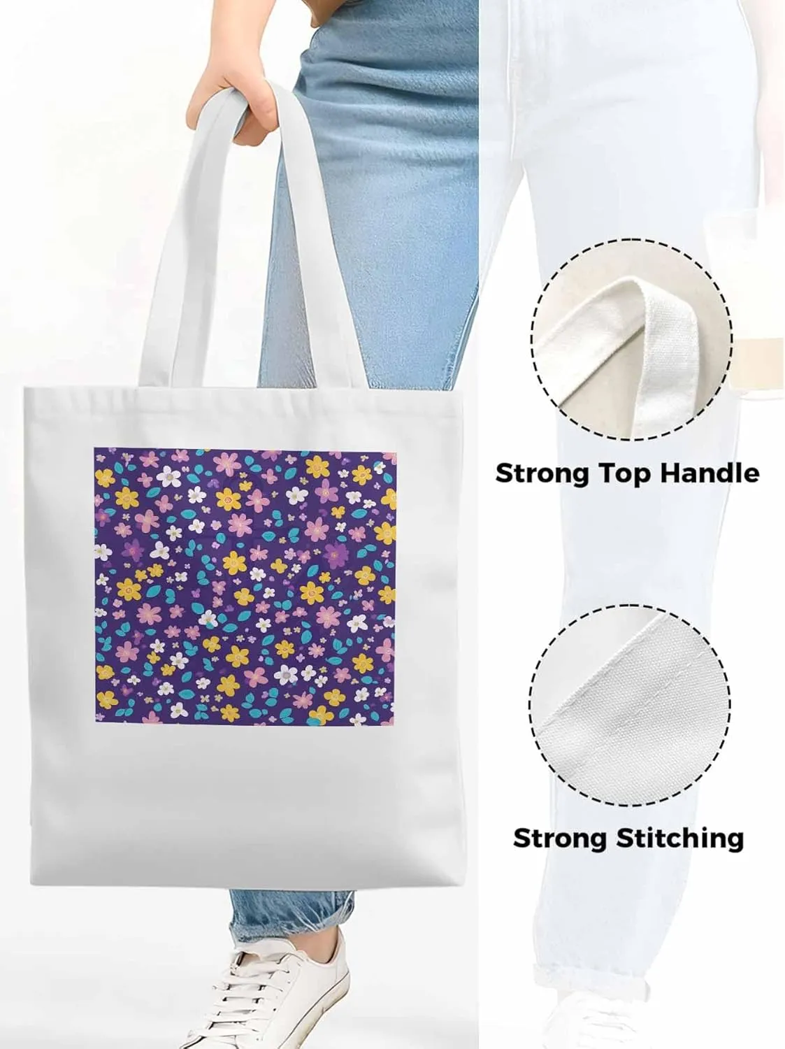 Colorful Flowers Canvas Tote Bag, Leaves Purple Aesthetic Canvas Tote Handbags for Women Shoulder Bag