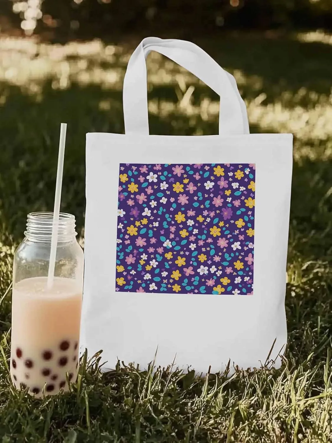 Colorful Flowers Canvas Tote Bag, Leaves Purple Aesthetic Canvas Tote Handbags for Women Shoulder Bag