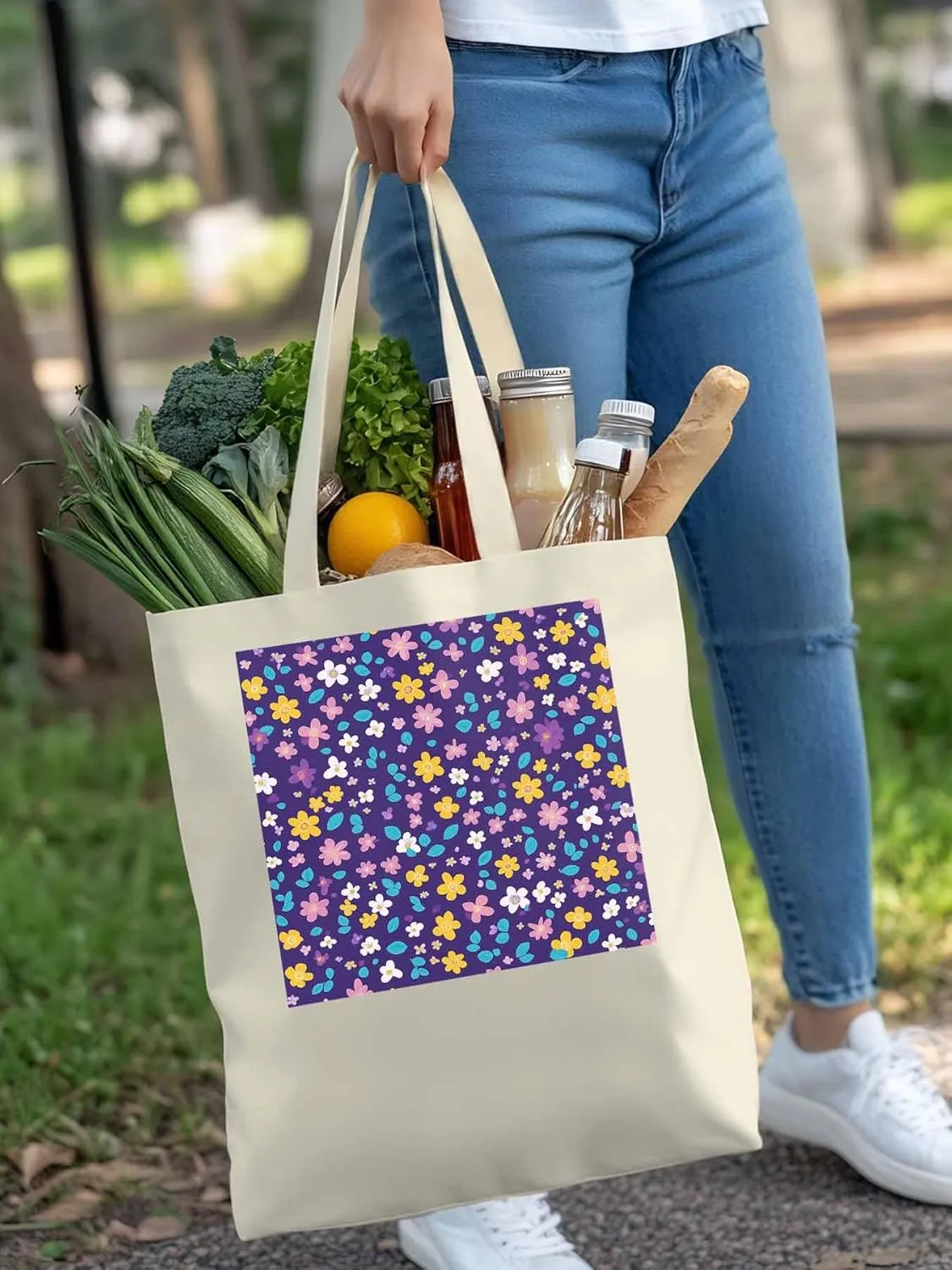 Colorful Flowers Canvas Tote Bag, Leaves Purple Aesthetic Canvas Tote Handbags for Women Shoulder Bag
