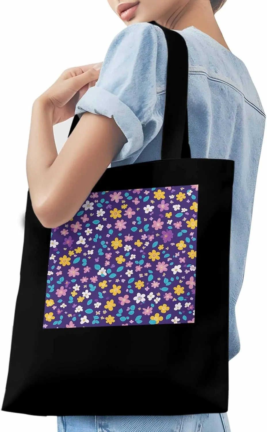 Colorful Flowers Canvas Tote Bag, Leaves Purple Aesthetic Canvas Tote Handbags for Women Shoulder Bag