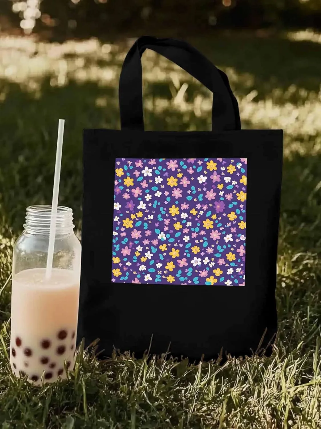 Colorful Flowers Canvas Tote Bag, Leaves Purple Aesthetic Canvas Tote Handbags for Women Shoulder Bag