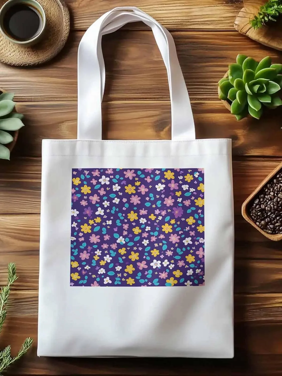 Colorful Flowers Canvas Tote Bag, Leaves Purple Aesthetic Canvas Tote Handbags for Women Shoulder Bag