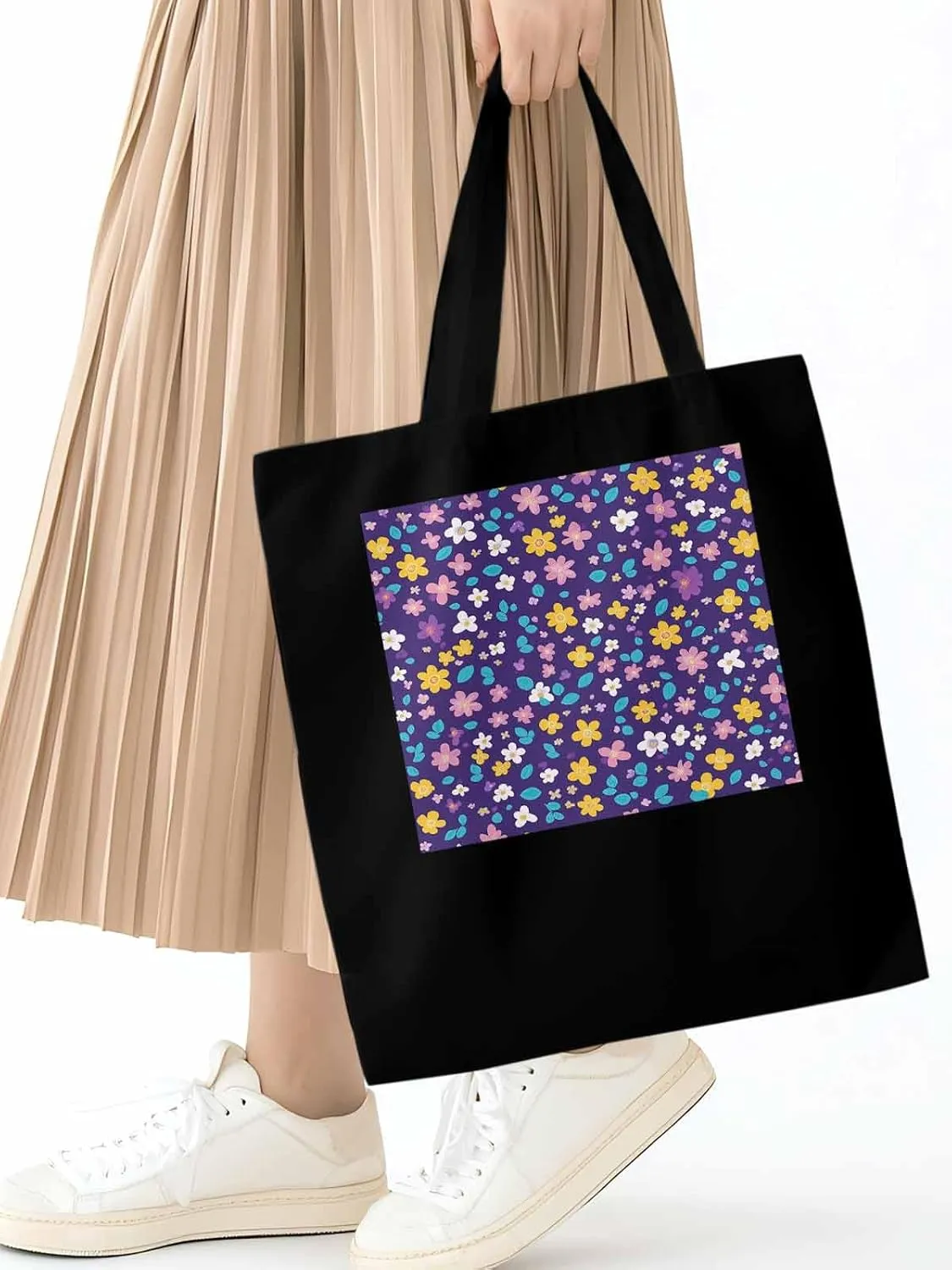 Colorful Flowers Canvas Tote Bag, Leaves Purple Aesthetic Canvas Tote Handbags for Women Shoulder Bag