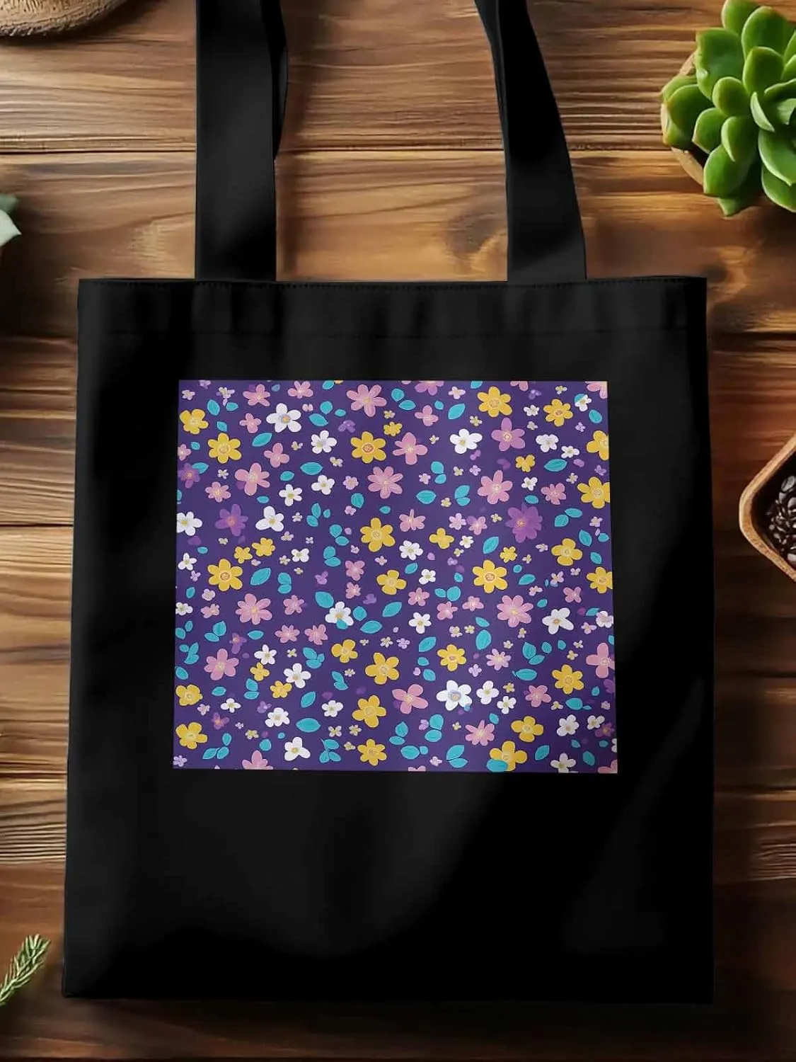 Colorful Flowers Canvas Tote Bag, Leaves Purple Aesthetic Canvas Tote Handbags for Women Shoulder Bag