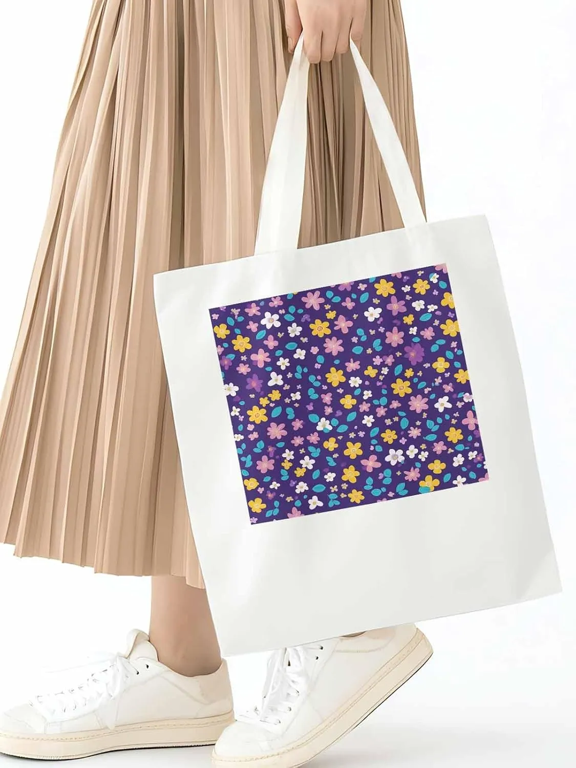 Colorful Flowers Canvas Tote Bag, Leaves Purple Aesthetic Canvas Tote Handbags for Women Shoulder Bag