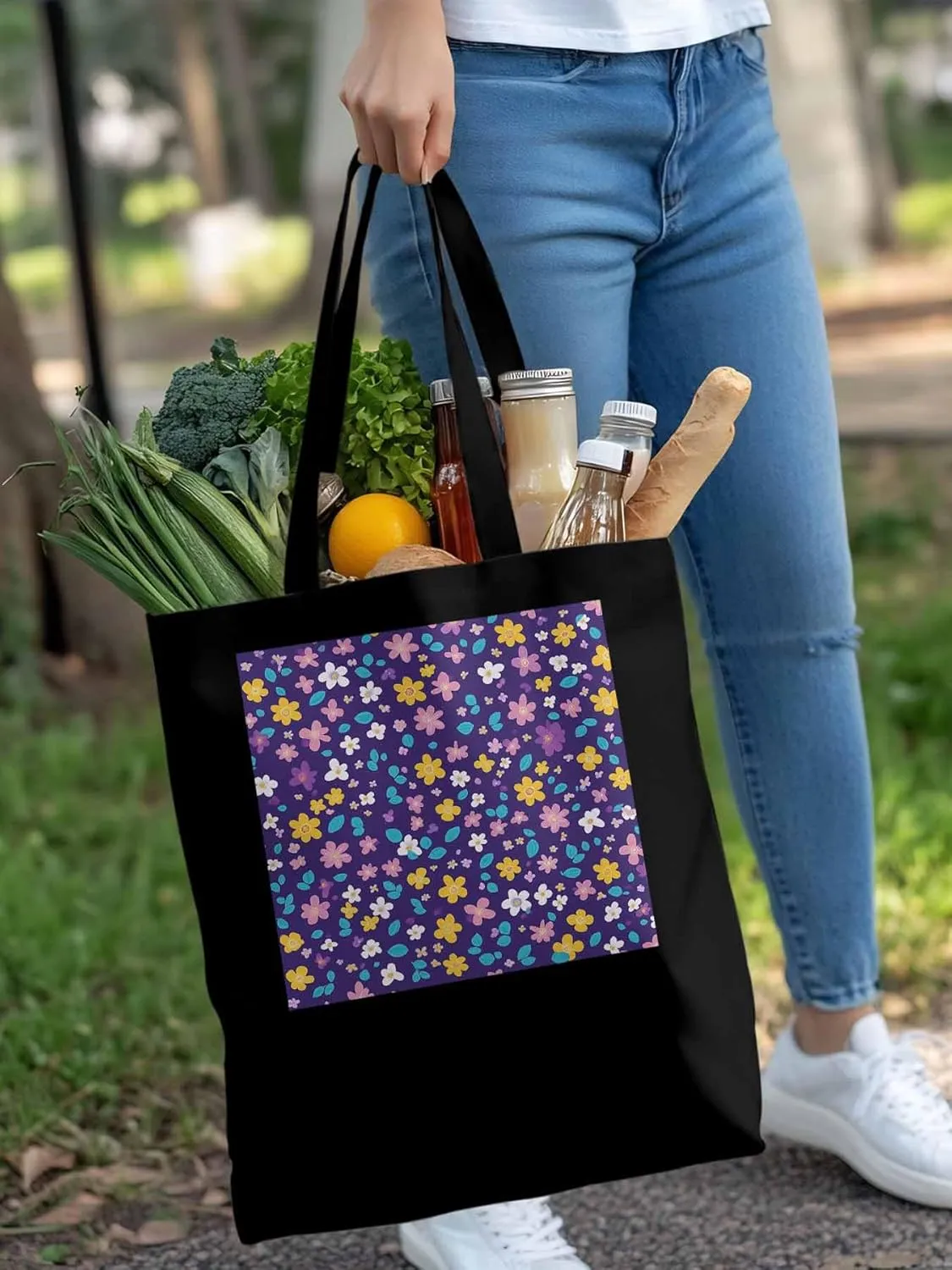 Colorful Flowers Canvas Tote Bag, Leaves Purple Aesthetic Canvas Tote Handbags for Women Shoulder Bag