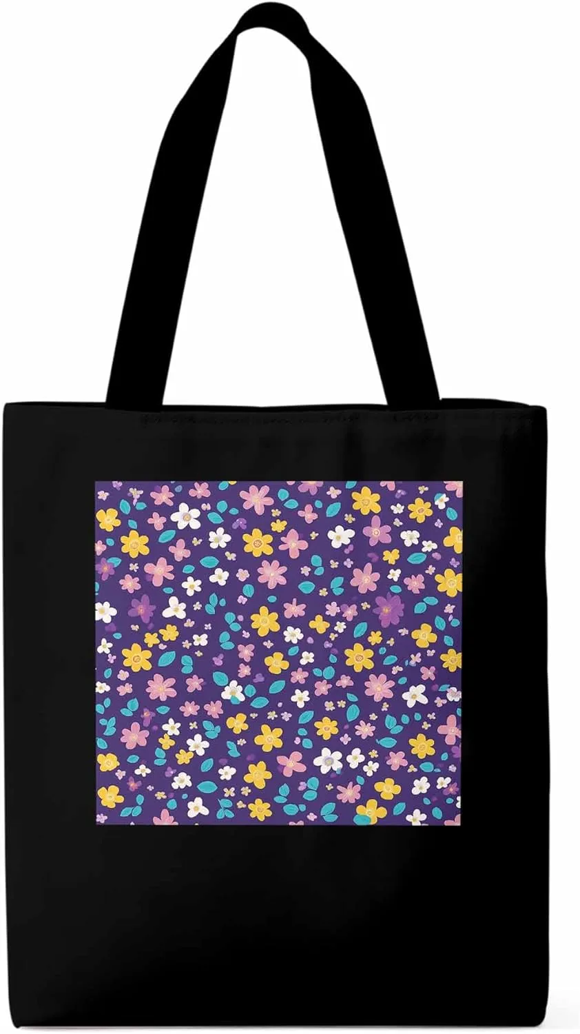 Colorful Flowers Canvas Tote Bag, Leaves Purple Aesthetic Canvas Tote Handbags for Women Shoulder Bag
