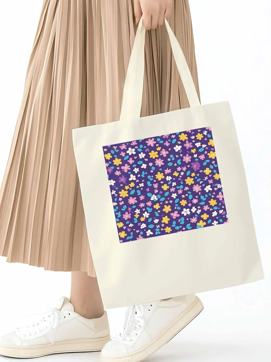 Colorful Flowers Canvas Tote Bag, Leaves Purple Aesthetic Canvas Tote Handbags for Women Shoulder Bag