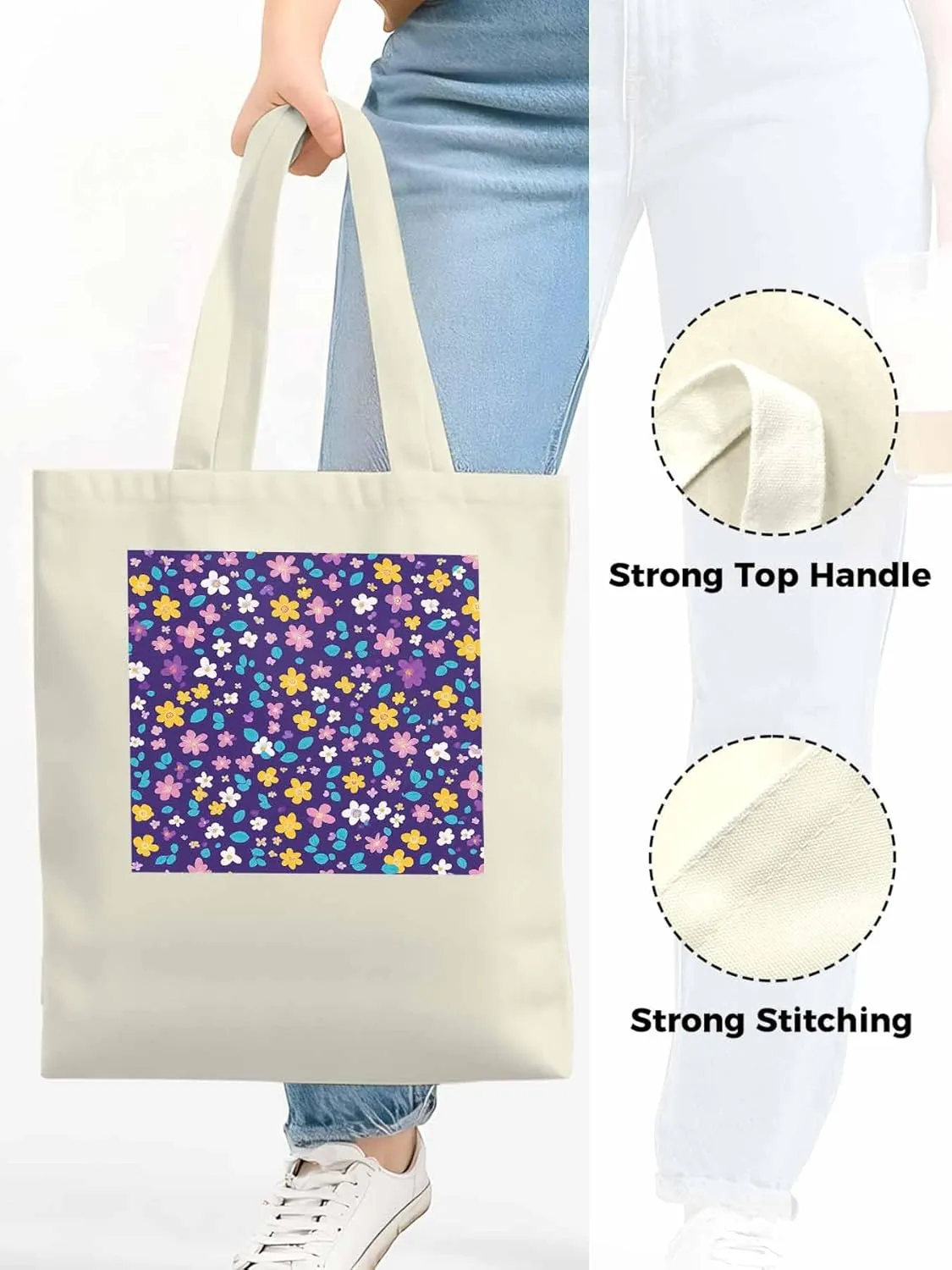 Colorful Flowers Canvas Tote Bag, Leaves Purple Aesthetic Canvas Tote Handbags for Women Shoulder Bag