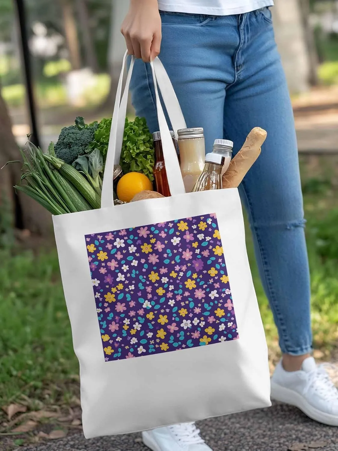 Colorful Flowers Canvas Tote Bag, Leaves Purple Aesthetic Canvas Tote Handbags for Women Shoulder Bag