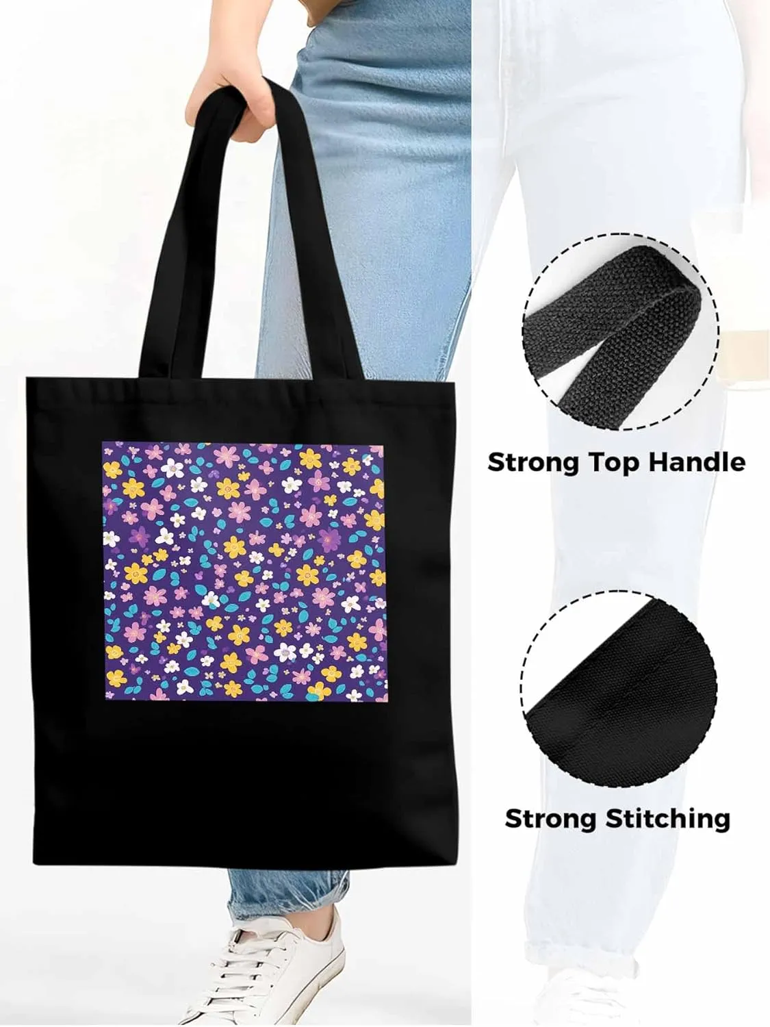 Colorful Flowers Canvas Tote Bag, Leaves Purple Aesthetic Canvas Tote Handbags for Women Shoulder Bag