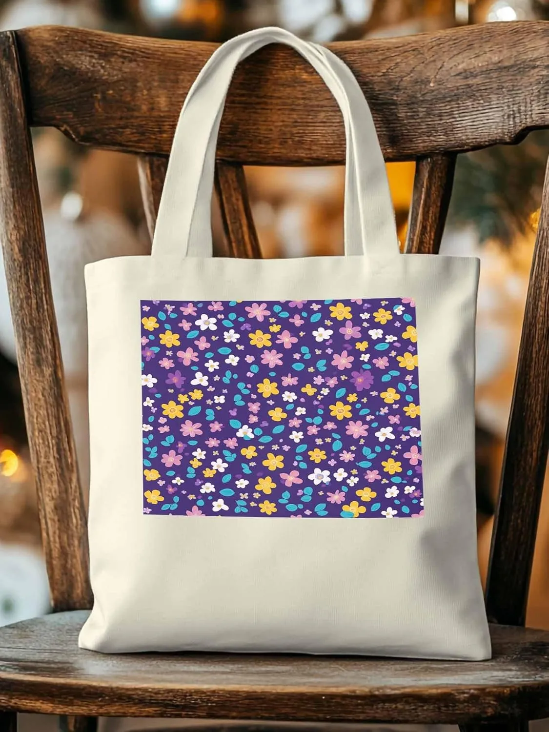 Colorful Flowers Canvas Tote Bag, Leaves Purple Aesthetic Canvas Tote Handbags for Women Shoulder Bag