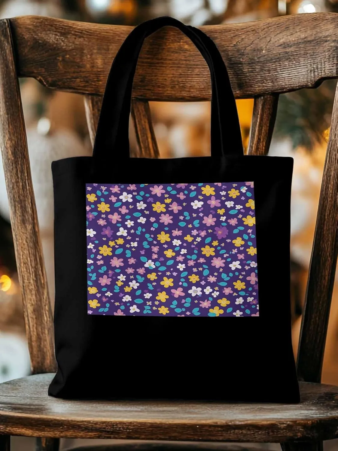 Colorful Flowers Canvas Tote Bag, Leaves Purple Aesthetic Canvas Tote Handbags for Women Shoulder Bag