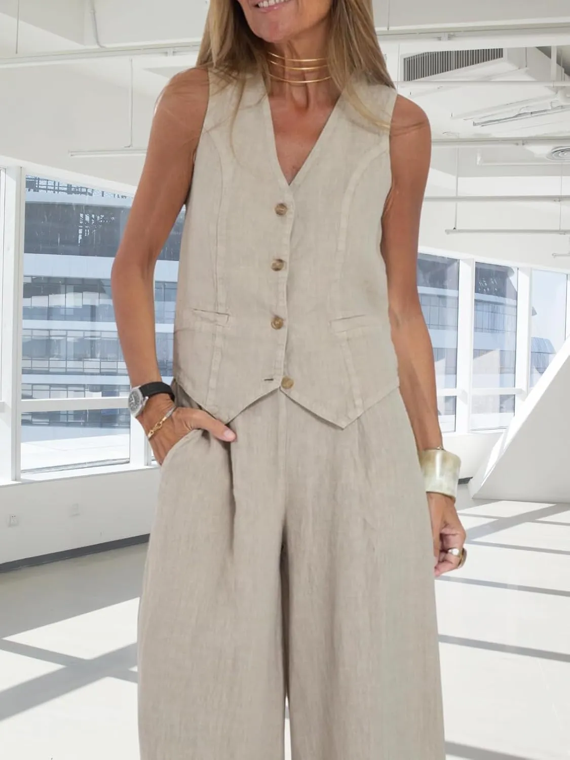 Cotton Linen Summer 2 Piece Outfits Women Linen Button V Neck Vest and Wide Leg Pants Suit Matching Sets
