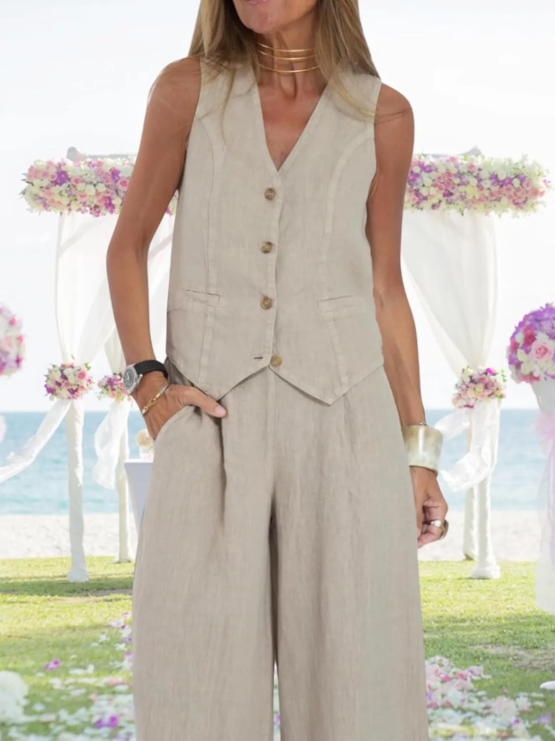 Cotton Linen Summer 2 Piece Outfits Women Linen Button V Neck Vest and Wide Leg Pants Suit Matching Sets