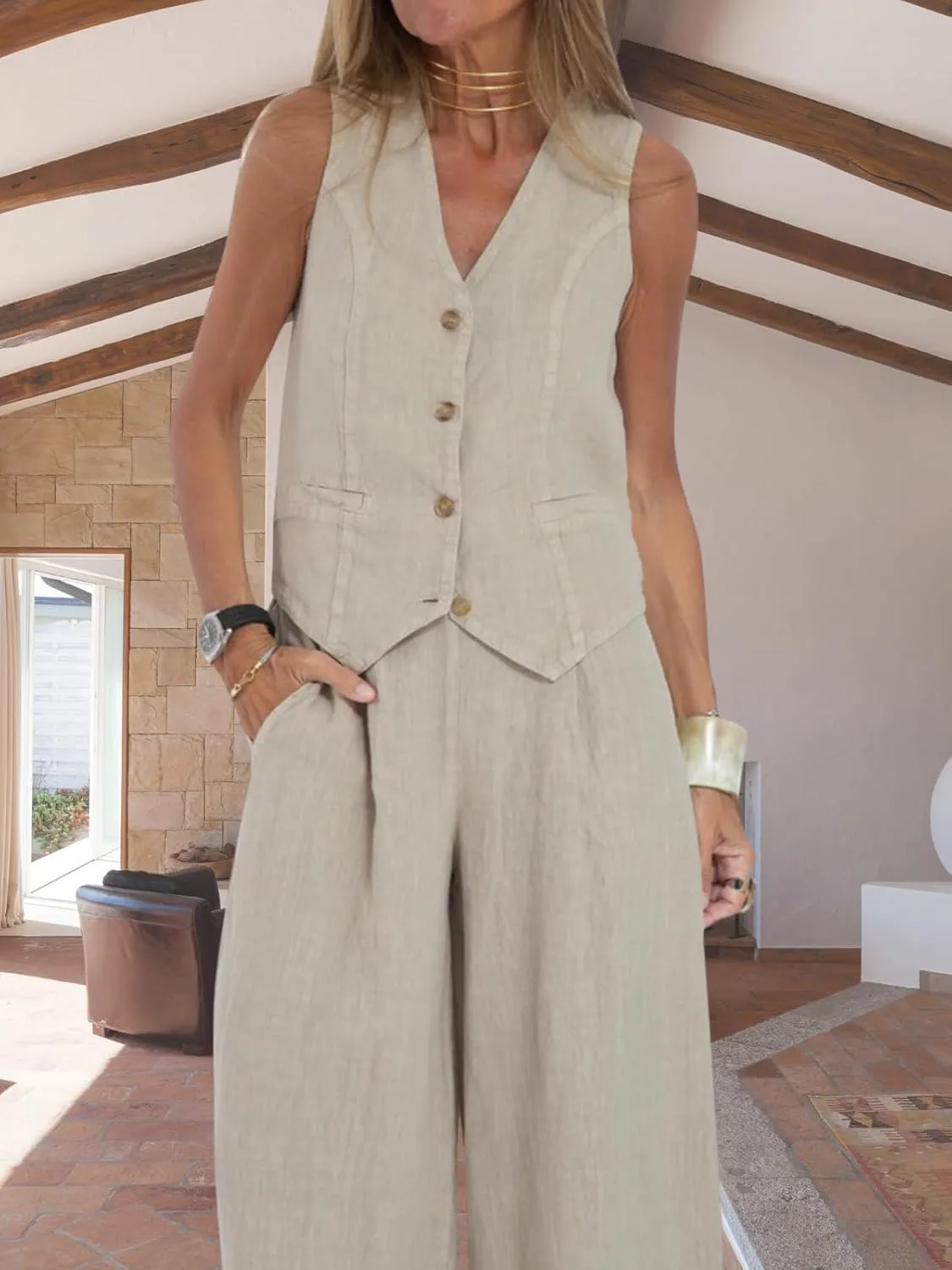 Cotton Linen Summer 2 Piece Outfits Women Linen Button V Neck Vest and Wide Leg Pants Suit Matching Sets