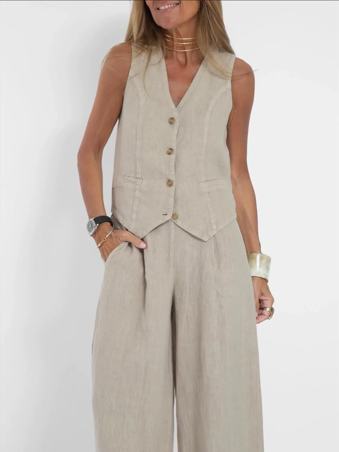 Cotton Linen Summer 2 Piece Outfits Women Linen Button V Neck Vest and Wide Leg Pants Suit Matching Sets