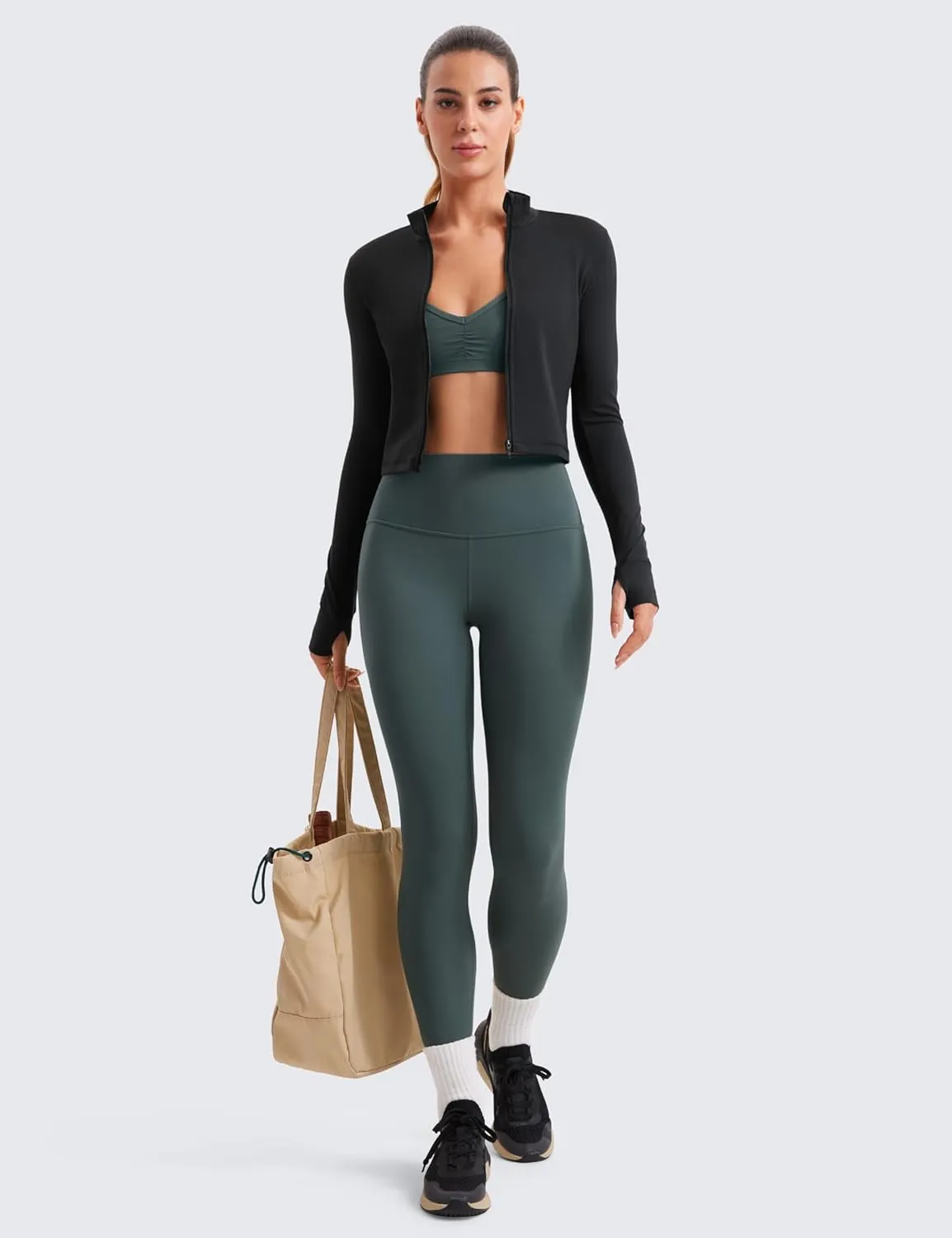 CRZ YOGA Womens Butterluxe Full Zip Cropped Workout Jacket Slim Fit Lightweight Athletic Yoga Tops with Thumb Holes