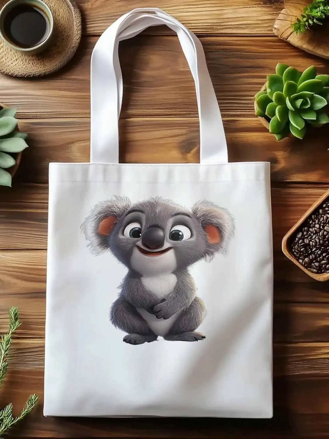 Cute Koala Canvas Tote Bag, Laugh Animal Aesthetic Canvas Tote Handbags for Women Shoulder Bag
