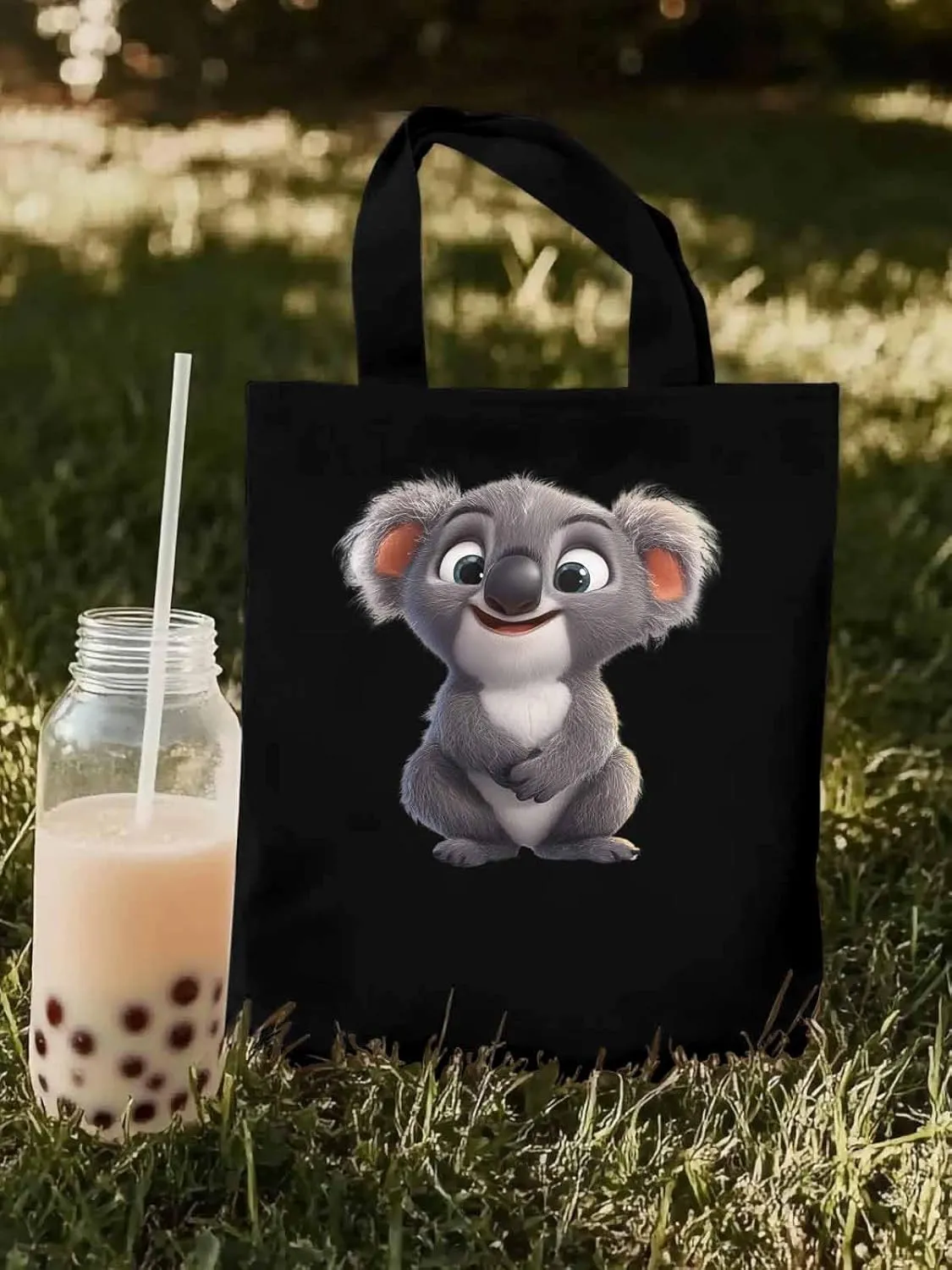 Cute Koala Canvas Tote Bag, Laugh Animal Aesthetic Canvas Tote Handbags for Women Shoulder Bag