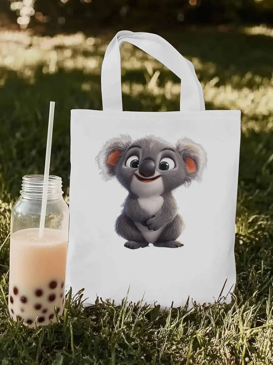 Cute Koala Canvas Tote Bag, Laugh Animal Aesthetic Canvas Tote Handbags for Women Shoulder Bag