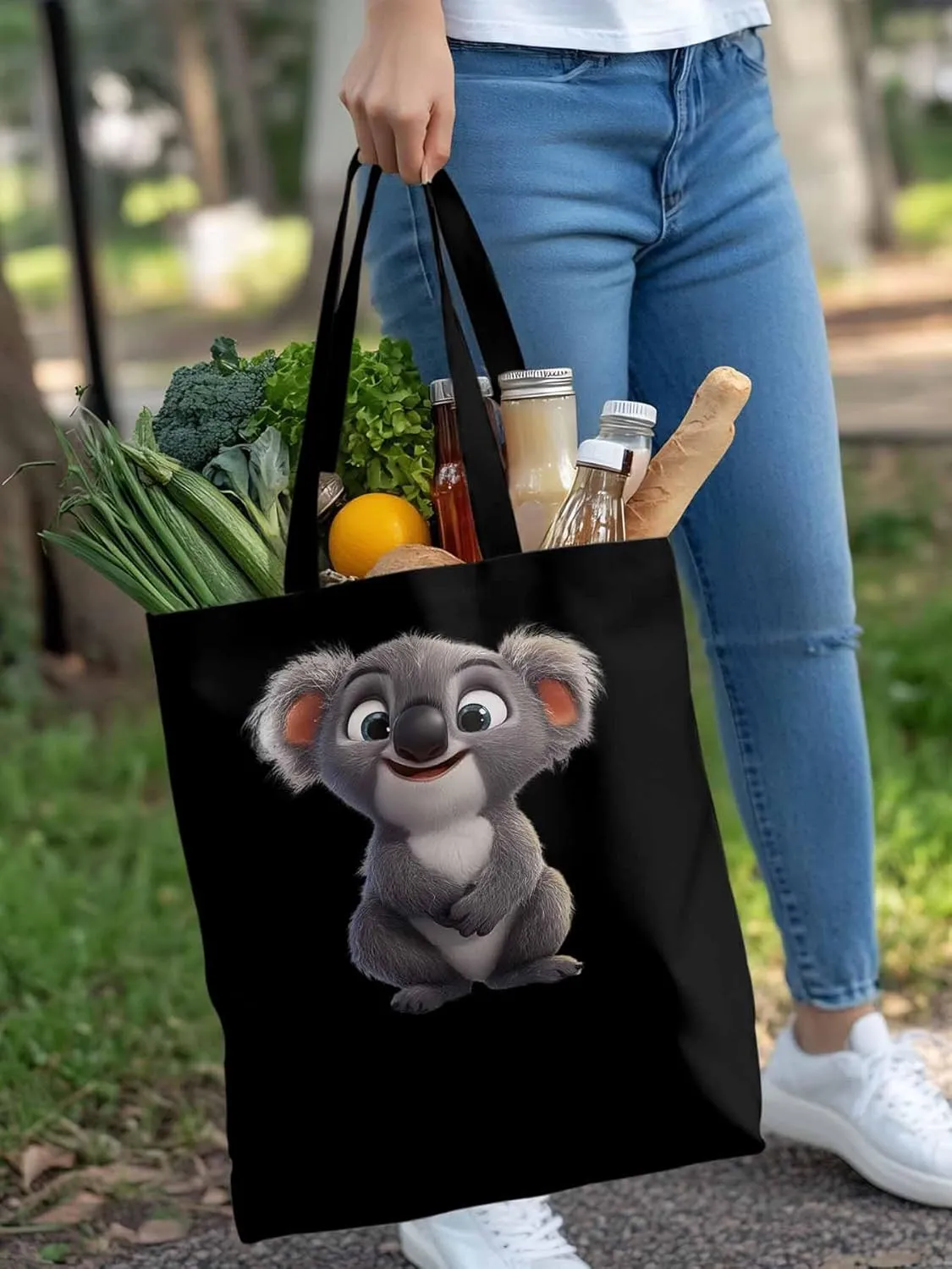 Cute Koala Canvas Tote Bag, Laugh Animal Aesthetic Canvas Tote Handbags for Women Shoulder Bag
