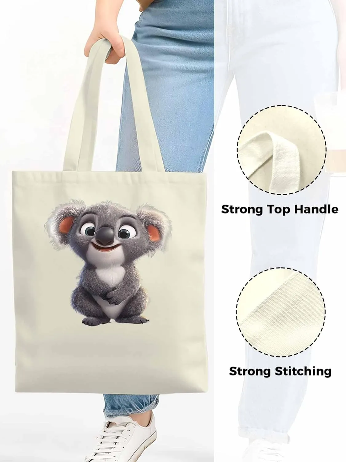 Cute Koala Canvas Tote Bag, Laugh Animal Aesthetic Canvas Tote Handbags for Women Shoulder Bag