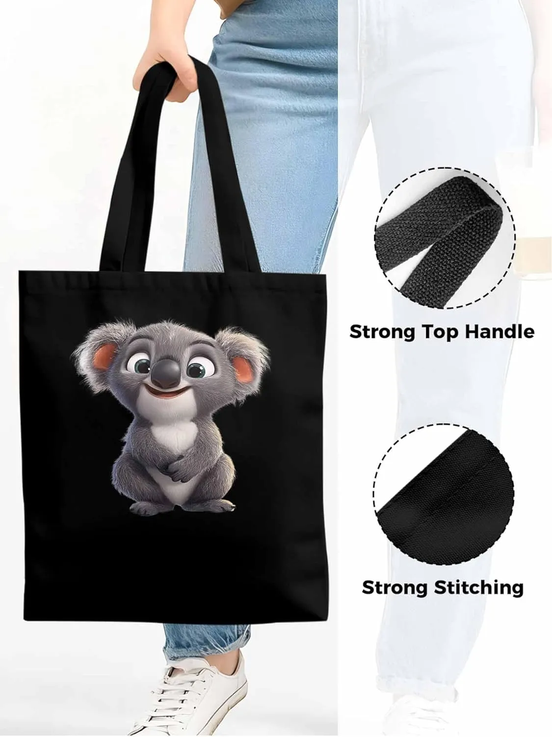 Cute Koala Canvas Tote Bag, Laugh Animal Aesthetic Canvas Tote Handbags for Women Shoulder Bag