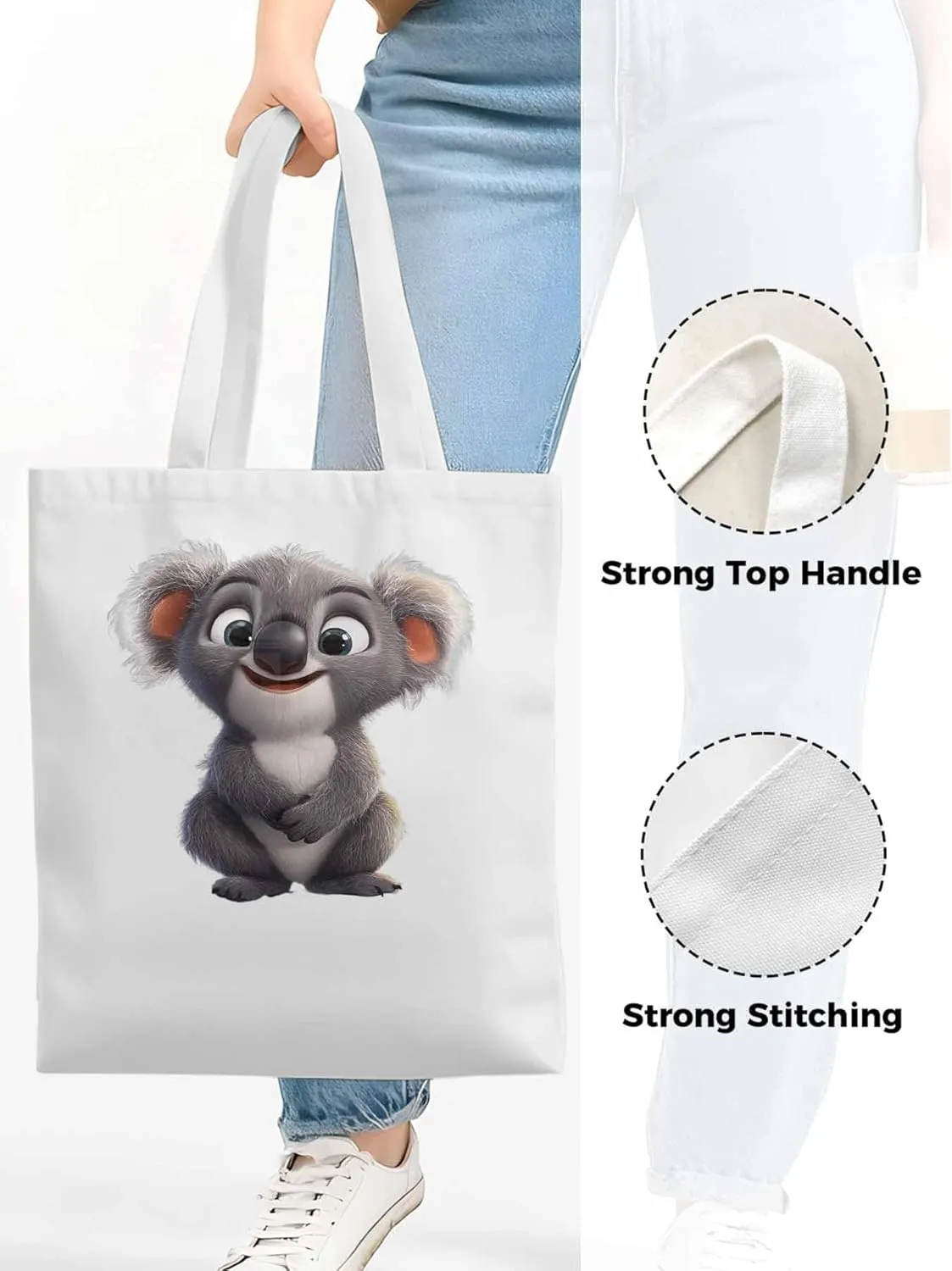Cute Koala Canvas Tote Bag, Laugh Animal Aesthetic Canvas Tote Handbags for Women Shoulder Bag