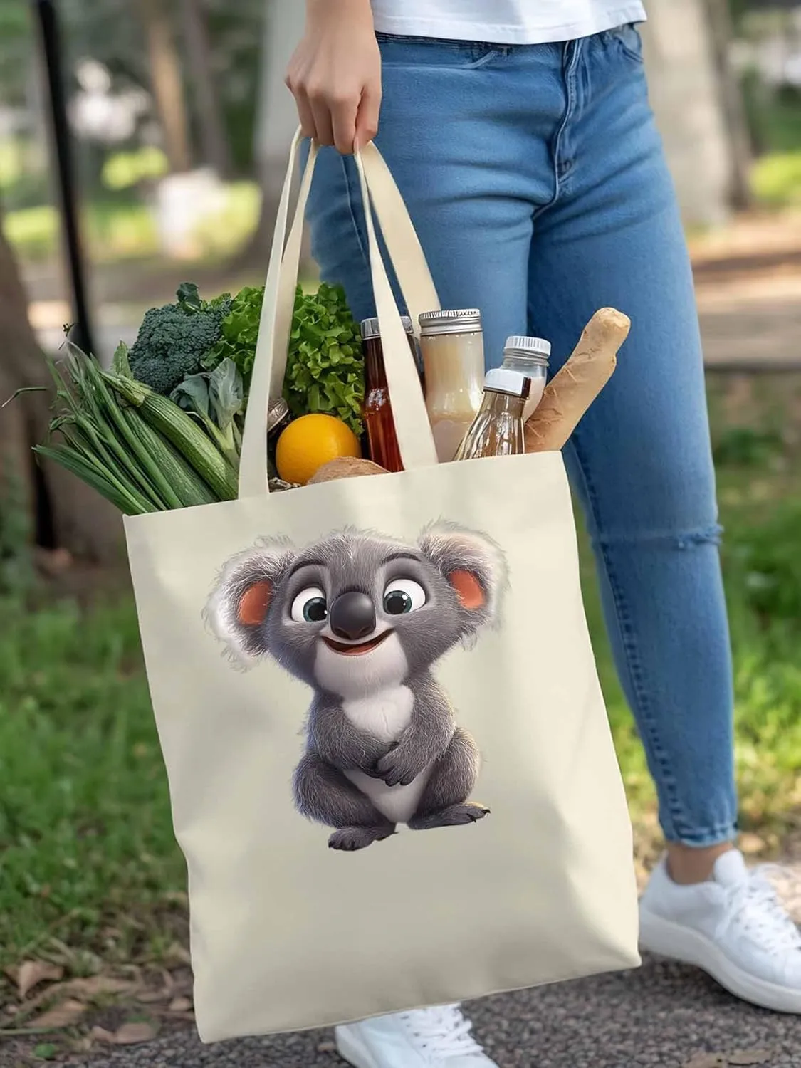 Cute Koala Canvas Tote Bag, Laugh Animal Aesthetic Canvas Tote Handbags for Women Shoulder Bag