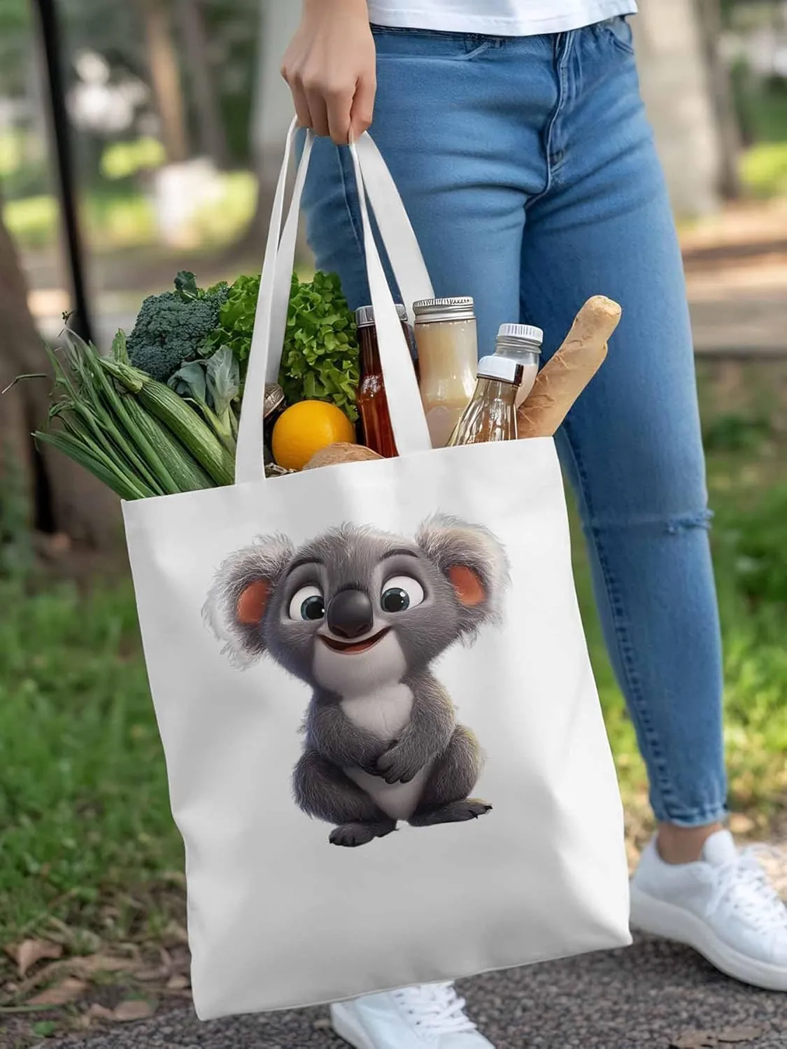 Cute Koala Canvas Tote Bag, Laugh Animal Aesthetic Canvas Tote Handbags for Women Shoulder Bag