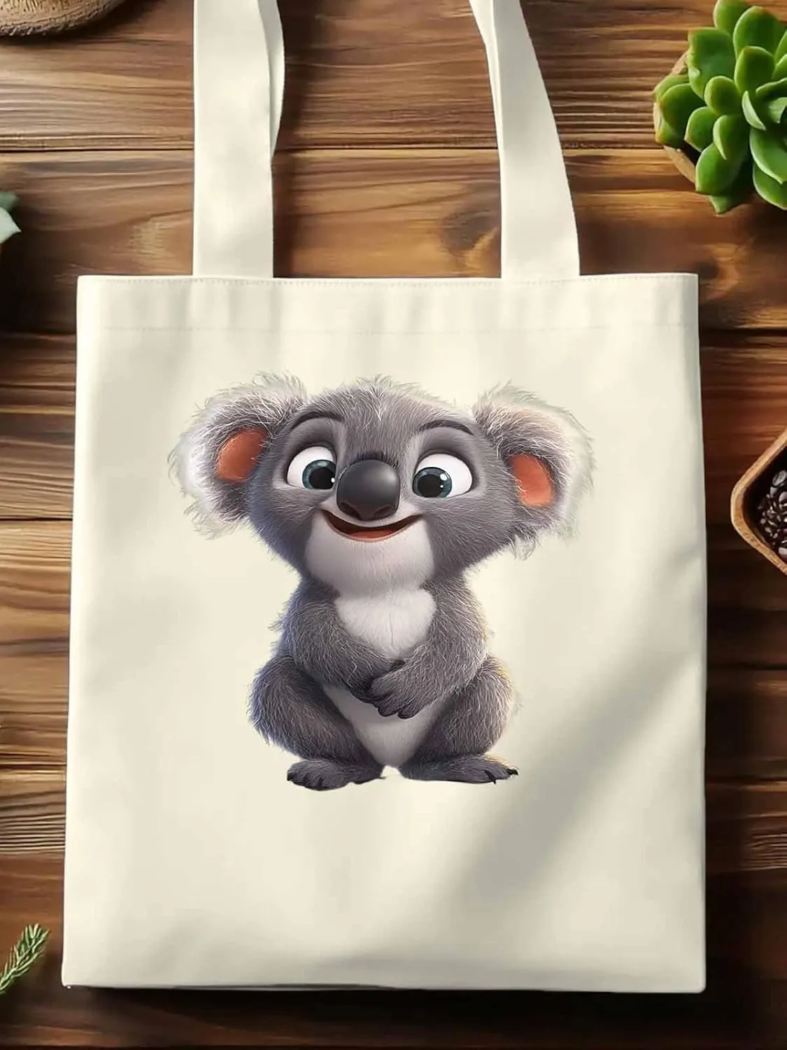Cute Koala Canvas Tote Bag, Laugh Animal Aesthetic Canvas Tote Handbags for Women Shoulder Bag