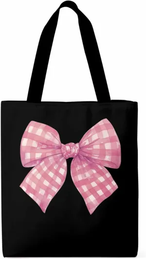 Cute Pink White Women Girl Bowknot Canvas Tote Bag, Aesthetic Canvas Tote Handbags for Women Shoulder Bag