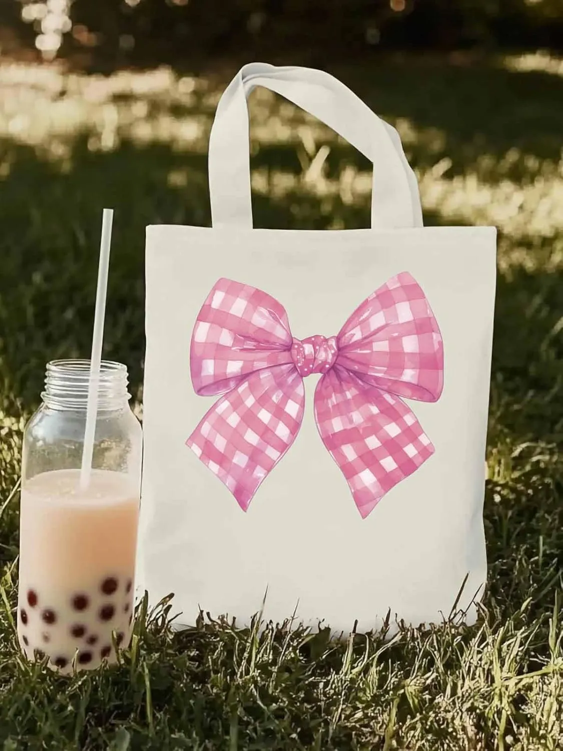 Cute Pink White Women Girl Bowknot Canvas Tote Bag, Aesthetic Canvas Tote Handbags for Women Shoulder Bag