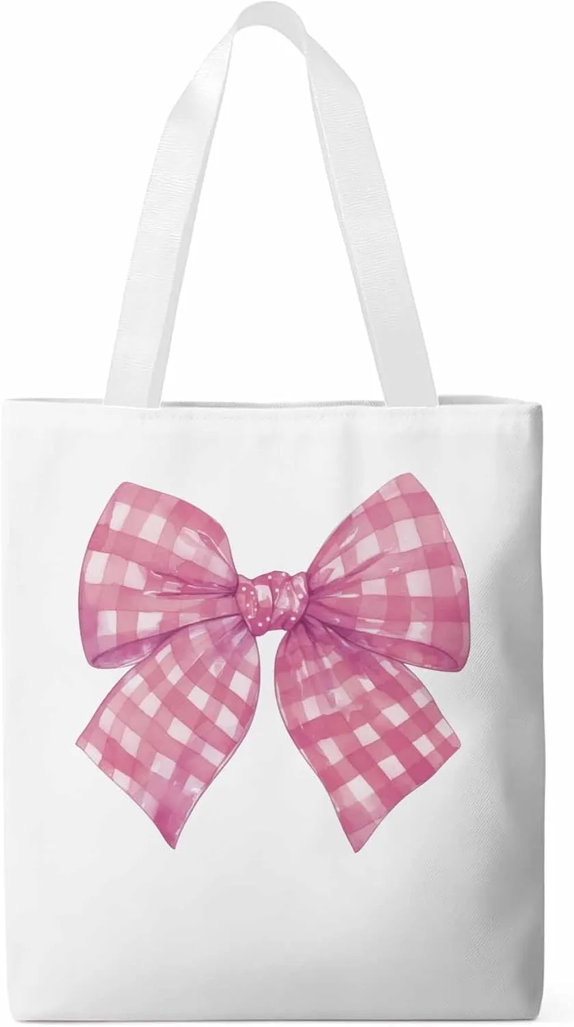 Cute Pink White Women Girl Bowknot Canvas Tote Bag, Aesthetic Canvas Tote Handbags for Women Shoulder Bag