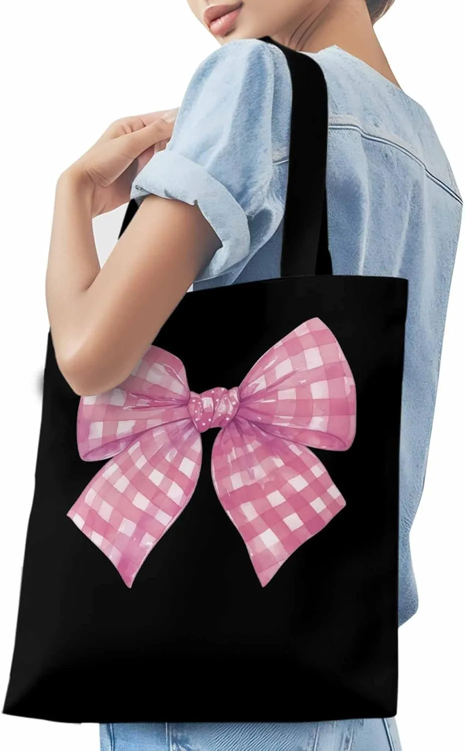 Cute Pink White Women Girl Bowknot Canvas Tote Bag, Aesthetic Canvas Tote Handbags for Women Shoulder Bag