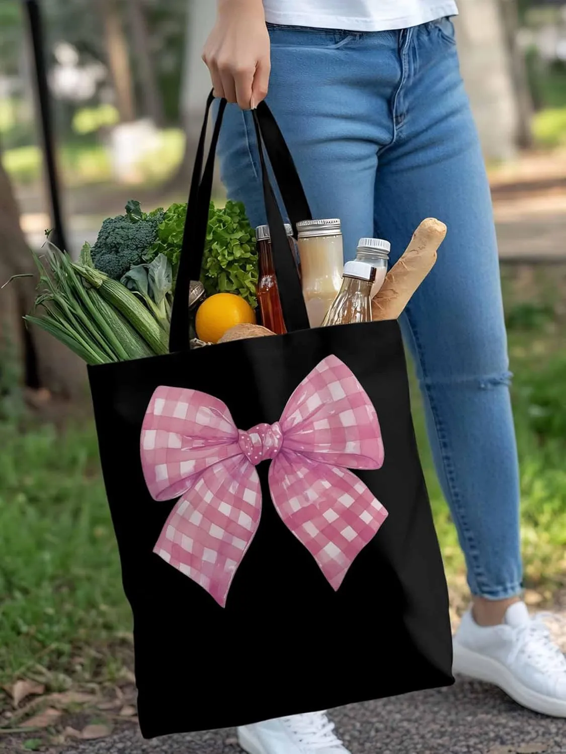 Cute Pink White Women Girl Bowknot Canvas Tote Bag, Aesthetic Canvas Tote Handbags for Women Shoulder Bag