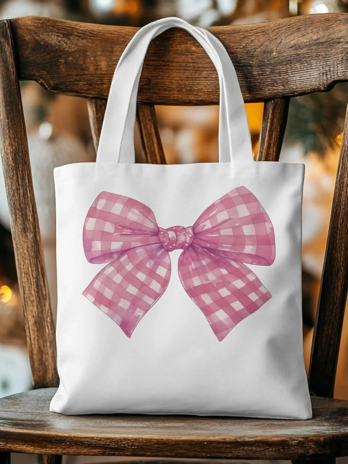 Cute Pink White Women Girl Bowknot Canvas Tote Bag, Aesthetic Canvas Tote Handbags for Women Shoulder Bag