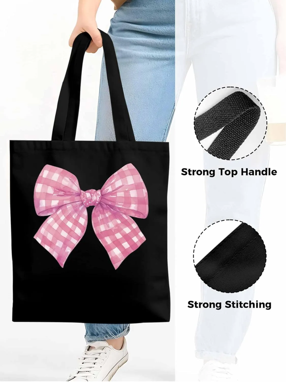 Cute Pink White Women Girl Bowknot Canvas Tote Bag, Aesthetic Canvas Tote Handbags for Women Shoulder Bag