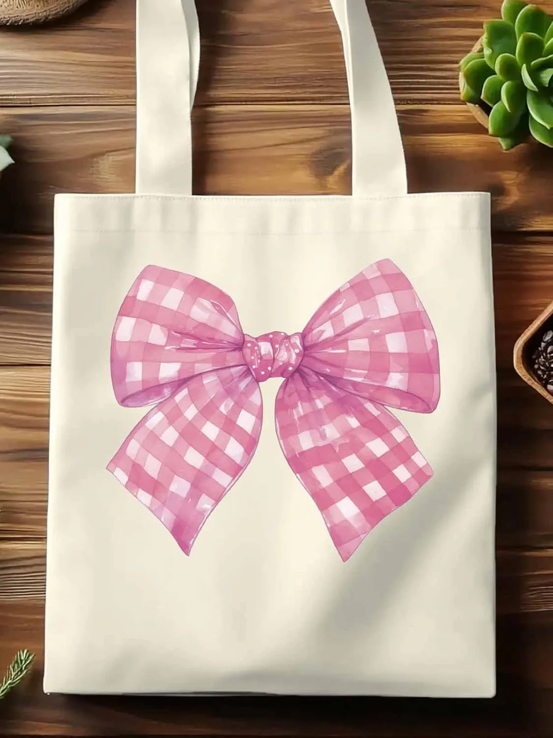 Cute Pink White Women Girl Bowknot Canvas Tote Bag, Aesthetic Canvas Tote Handbags for Women Shoulder Bag
