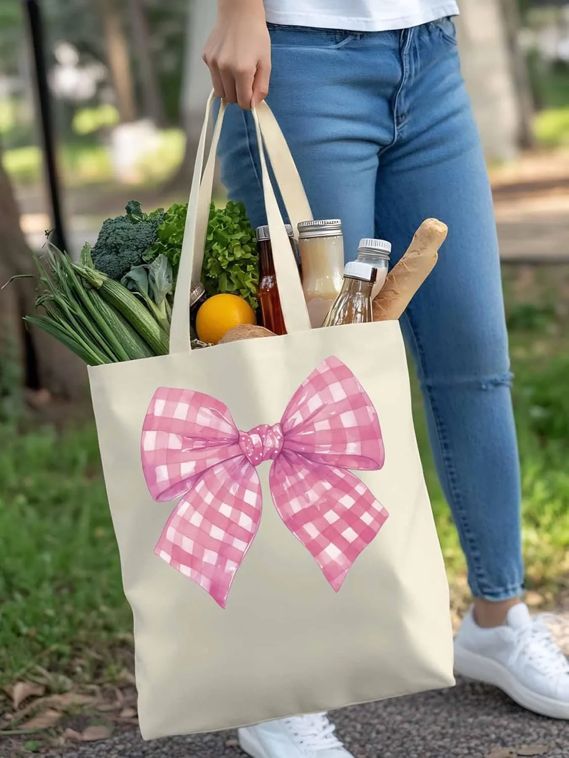Cute Pink White Women Girl Bowknot Canvas Tote Bag, Aesthetic Canvas Tote Handbags for Women Shoulder Bag
