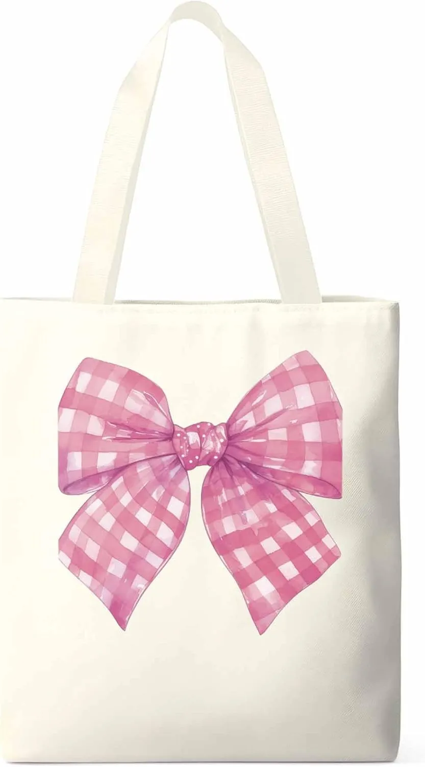 Cute Pink White Women Girl Bowknot Canvas Tote Bag, Aesthetic Canvas Tote Handbags for Women Shoulder Bag