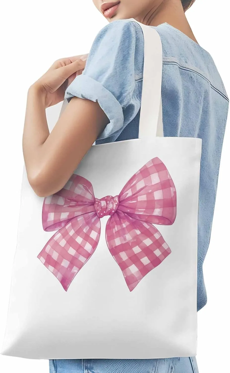 Cute Pink White Women Girl Bowknot Canvas Tote Bag, Aesthetic Canvas Tote Handbags for Women Shoulder Bag