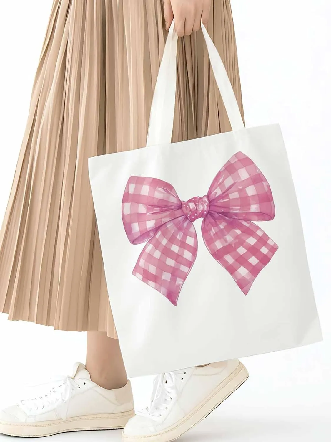 Cute Pink White Women Girl Bowknot Canvas Tote Bag, Aesthetic Canvas Tote Handbags for Women Shoulder Bag