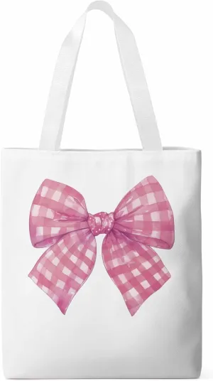 Cute Pink White Women Girl Bowknot Canvas Tote Bag, Aesthetic Canvas Tote Handbags for Women Shoulder Bag