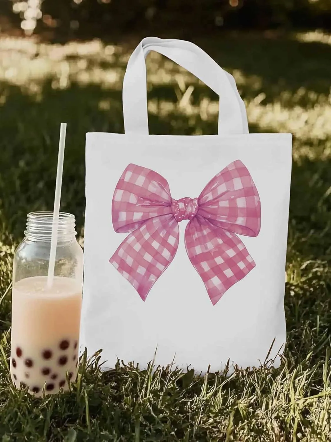 Cute Pink White Women Girl Bowknot Canvas Tote Bag, Aesthetic Canvas Tote Handbags for Women Shoulder Bag