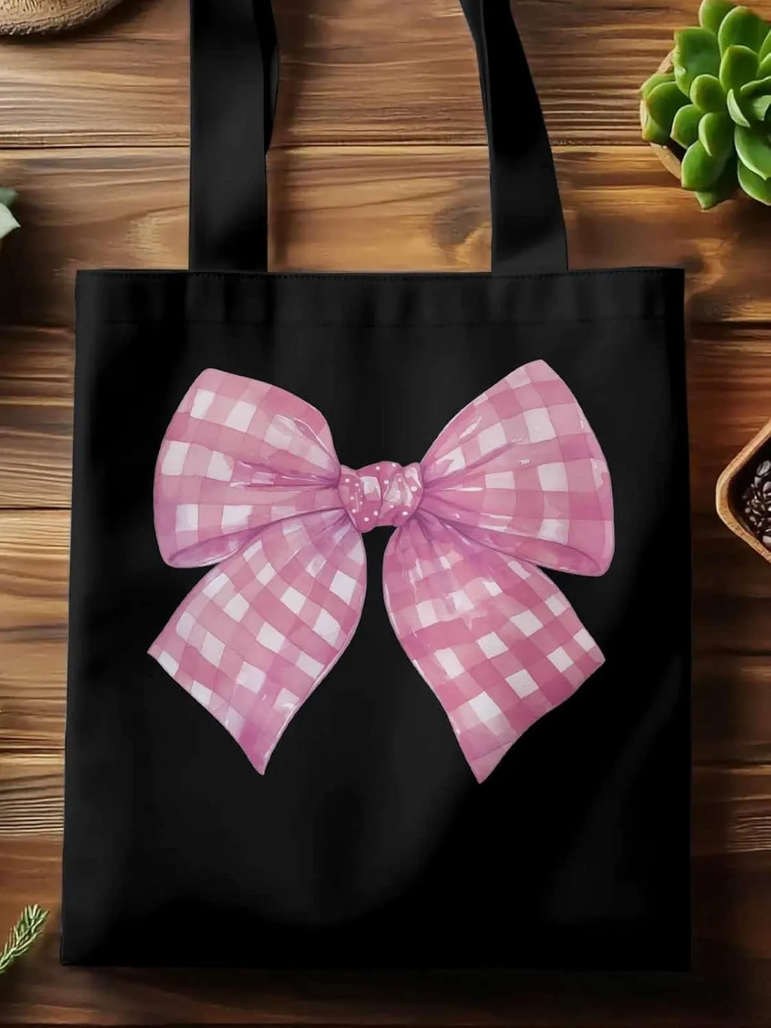 Cute Pink White Women Girl Bowknot Canvas Tote Bag, Aesthetic Canvas Tote Handbags for Women Shoulder Bag