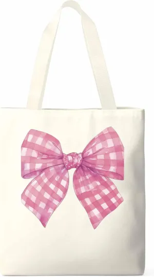 Cute Pink White Women Girl Bowknot Canvas Tote Bag, Aesthetic Canvas Tote Handbags for Women Shoulder Bag