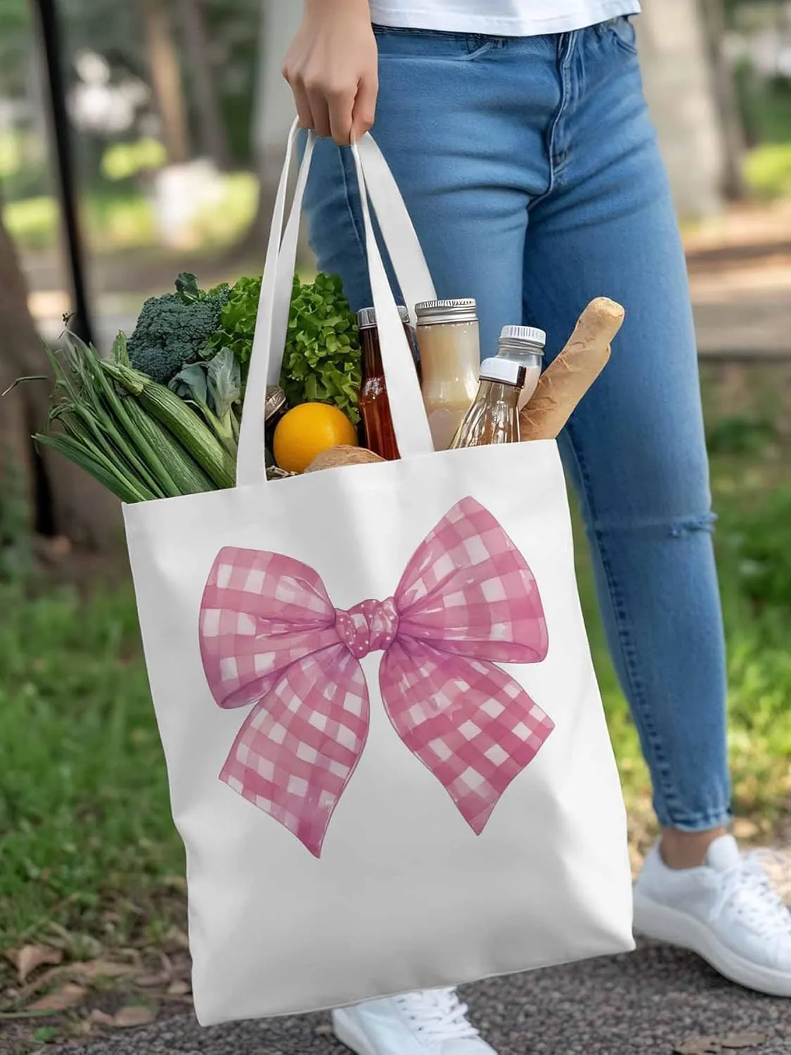 Cute Pink White Women Girl Bowknot Canvas Tote Bag, Aesthetic Canvas Tote Handbags for Women Shoulder Bag