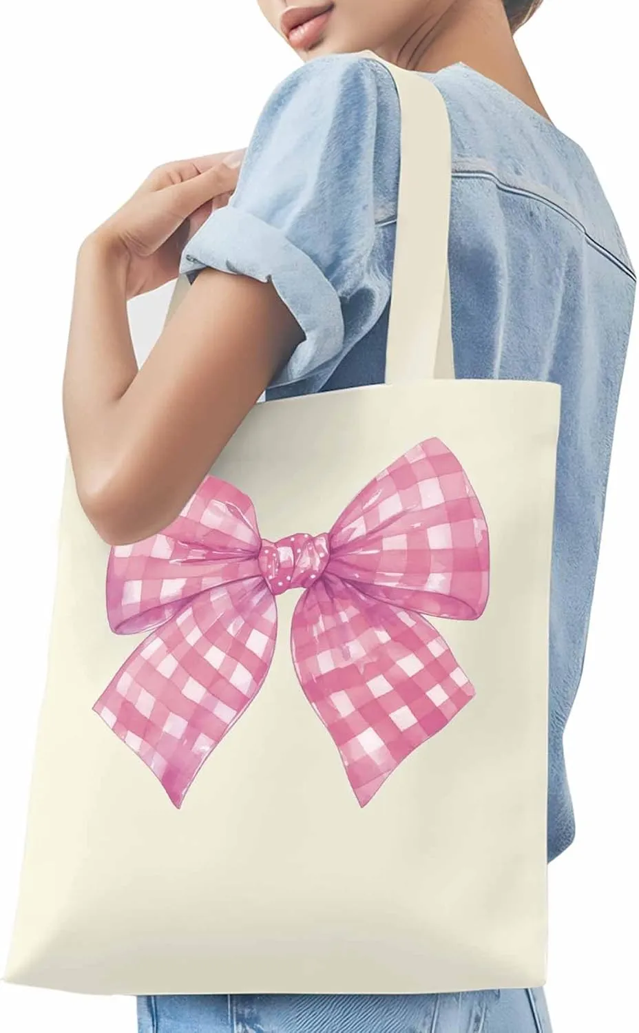 Cute Pink White Women Girl Bowknot Canvas Tote Bag, Aesthetic Canvas Tote Handbags for Women Shoulder Bag